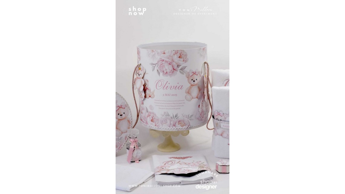 Trusou botez cu ursuleti si flori roz Teddy Bear Baby Girl 2